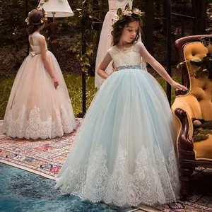 Vestidos de fiesta para niñas en encaje y tul color azul claro y rosa palo elegante
