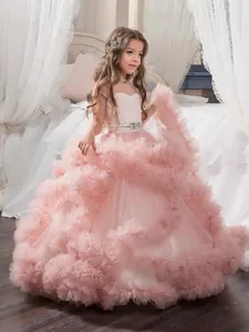 Girls Princess Tulle Ruffle Wedding Dress Flower Girl Pageant Party Gown Sleeveless Rhinestone Belt Floor Length Kids Performance Evening Dress