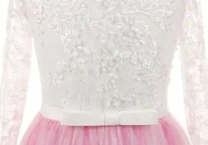Gros plan sur la broderie en dentelle blanche et le tulle rose de la robe de fête