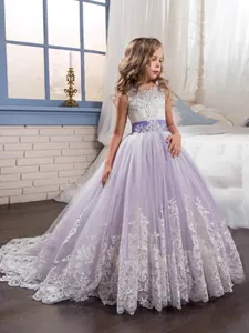 Girls Princess Lace Mesh Dress Flower Girl Wedding Party Formal Gown Trailing Hem Bow Rhinestones Embroidered Elegant Dress