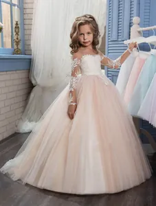 Girls Long Sleeve Lace Embroidery Mesh Princess Dress Floor Length Flower Girl Wedding Party Gown Ball Gown
