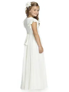 White chiffon girl's formal dress with ruffle sleeves and elegant bow for weddings