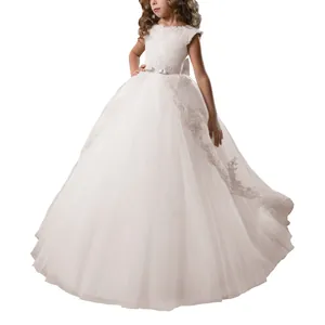 Elegante abito bianco da damigella con pizzo, paillettes e gonna in tulle