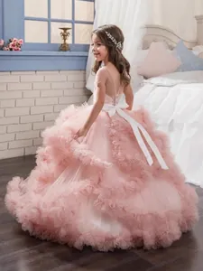 Pink multi-layer tulle princess flower girl dress with satin ribbon and puffy ruffle skirt
