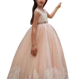 Vestido de niña de flores rosa champán sin mangas con corpiño de encaje y falda de tul