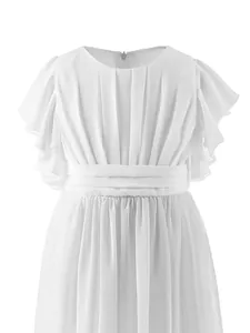 Elegant white chiffon flower girl dress with layered ruffles and belted waist for weddings