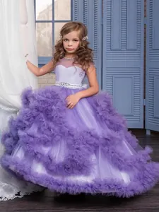 Elegant purple layer mesh girls princess gown with crystal belt and floor length skirt