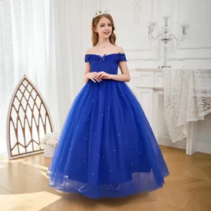 Detail of off-shoulder neckline with 3D butterflies on a navy blue girl's ball gown