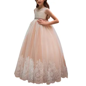 Vestido de encaje rosa para niña con talle alto sin mangas y falda de tul con vuelo