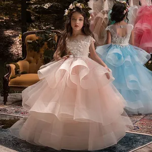Girls Princess Mesh Dress Sleeveless Floral Embroidery Lace Layered Gown Flower Girl Wedding Birthday Party Formal Performance Wear