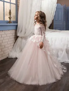 Robe de Fille de Fleur Papillon en Dentelle pour Mariage Manches Longues Tulle Princesse Enfants Fête d'Anniversaire Robe à Traîne