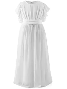 Elegant white chiffon girl's wedding dress with ruffles and pleated waist for formal events