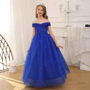 Detail of off-the-shoulder royal blue flower girl dress with star-like glitter mesh