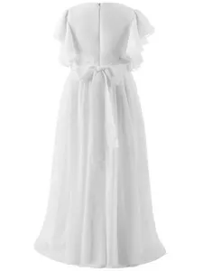 Back view of white chiffon flower girl dress with flutter sleeves and a large waist bow