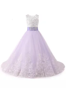 Elegant sleeveless girl dress with lilac tulle skirt and intricate floral lace embroidery