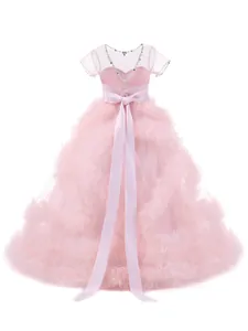 Pink tulle flower girl dress with sequins and a large satin bow for formal parties