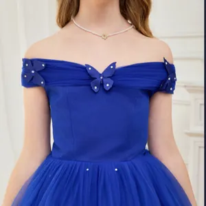 Detail of royal blue off-shoulder flower girl dress with butterfly 3D appliques