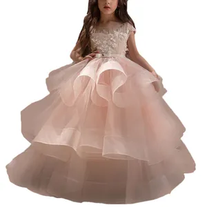 Elegant sleeveless pink floral child princess dress with layered tulle and sequins