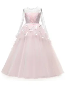 Robe féerique de fille à manches longues en dentelle avec papillons 3D et tulle