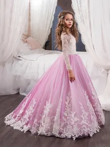Robe de Demoiselle d'Honneur en Dentelle Manches Longues Tulle Robe de Bal Avec Appliques Florales Mariage Fête Spectacle Fille