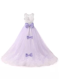 Back view of light purple lace tulle princess flower girl dress with bow and sequin detail