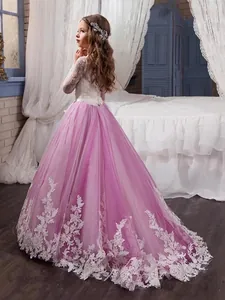 Robe fille à manches longues en dentelle avec jupe en tulle violet et broderie florale