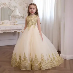 Exquisite gold floral embroidery on champagne tulle girls' formal ball gown with high neck