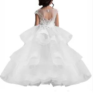 Elegant sleeveless white flower girl ball gown with heart-shaped back cutout and lace embroidery