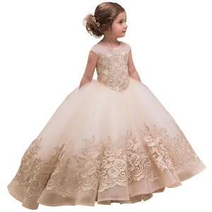Vestido champán de dama de honor infantil con bordados finos y falda de tul multicapa