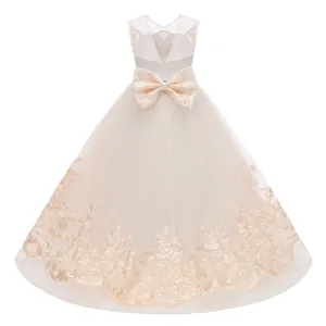 Vestido de niña de flores sin mangas champán con lazo trasero y bordado en tul