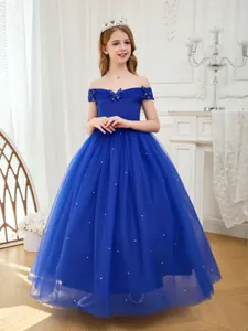 Off-Shoulder Girls Princess Formal Dress Mesh Tulle Long Tutu Gown With 3D Butterfly Artificial Pearls For Flower Girl Wedding Banquet Party
