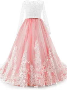 Robe de cérémonie pour fille à manches longues en dentelle et jupon rose en tulle
