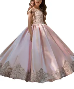 Elegante Abito da Damigella per Matrimonio Festa Bambini Raso Pizzo Ricamo Principessa Abito a Sfera Senza Maniche Lungo Cerimonia