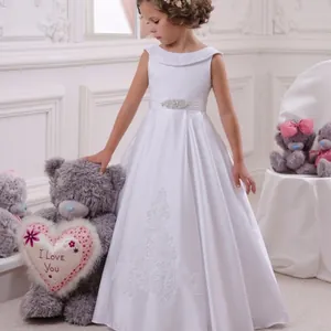 Élégante Robe de Fille d'Honneur en Satin et Dentelle Blanc Ivoire Sans Manches Robe Formelle de Mariage Fête Avec Nœud Strass pour Enfants