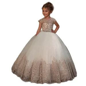 Elegante vestido de niña de flores marfil sin mangas con bordado de encaje dorado