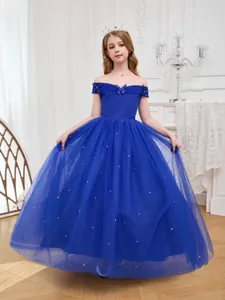Royal blue off-shoulder girls princess gown with layered tulle skirt and bow details