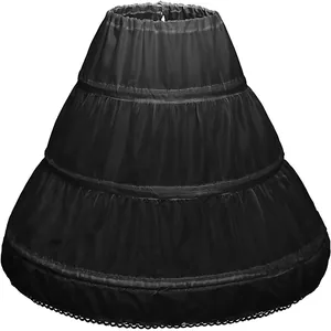 Three-layer black tiered petticoat crinoline for kids dresses with lace trim and elastic waist