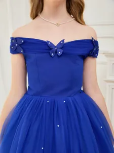 Elegant off-shoulder blue princess gown with 3D butterfly appliqués and layered tulle skirt