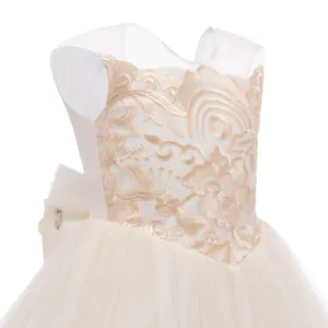 Detalle de bordado floral y cuello de malla en un vestido de fiesta blanco para niñas