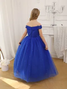 Navy blue girls off-the-shoulder princess dress with sequins and elegant bow details