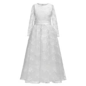 Blumenmädchen Spitze Langarm Hochzeitskleid Weiß Kinder Elegant Prinzessin Kleid Für Geburtstag Party Aufführung Zeremonie