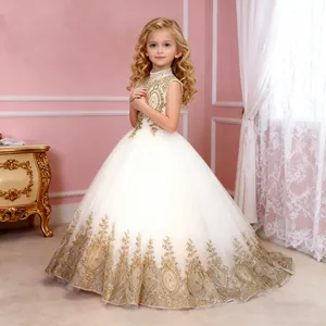 Detailed embroidery on white mesh sleeveless flower girl ball gown for weddings
