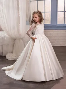 Elegant Girls Flower Girl Dress Lace Long Sleeve Satin Floor Length Princess Ball Gown For Wedding Party Birthday White