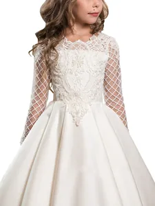 Ivory satin girls princess dress with lace sleeves and floral pearl embroidery