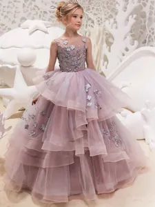 Abito da Festa Elegante in Pizzo per Bambina Ricamo Floreale 3D Mesh Principessa Gown per Matrimonio Performance Cerimonia