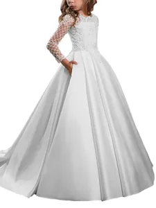 Elegant white satin flower girl dress with long lace sleeves and side pockets