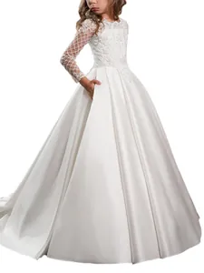 White long sleeve flower girl dress with lace bodice and elegant satin train for formal events