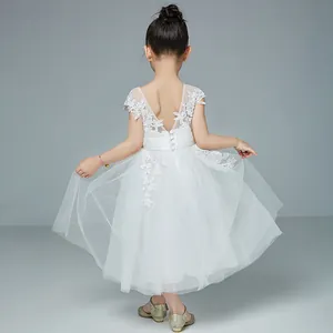 Girls white lace princess dress featuring an elegant V-back design and layered tulle skirt