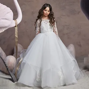 Robe de Fille en Dentelle Blanche Manches Longues pour Mariage Performance Enfants Princesse Mesh Tulle Broderie Robe de Soirée