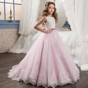 Girls Lace Embroidery Flower Girl Gown Elegant Sleeveless Tulle Gown For Wedding Party Birthday Princess Formal Dress